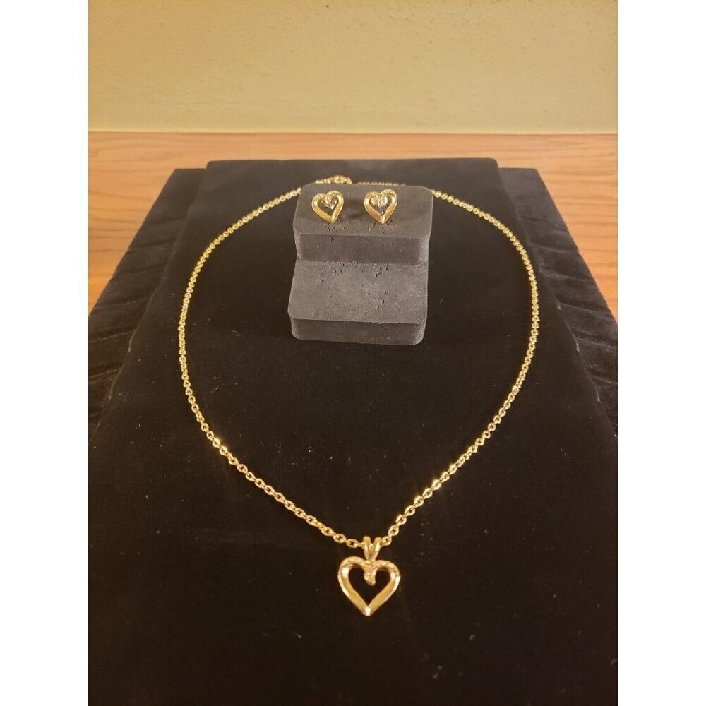 Heart Necklace and Stud Earrings Set Dainty Rhinestone Goldtone Vintage